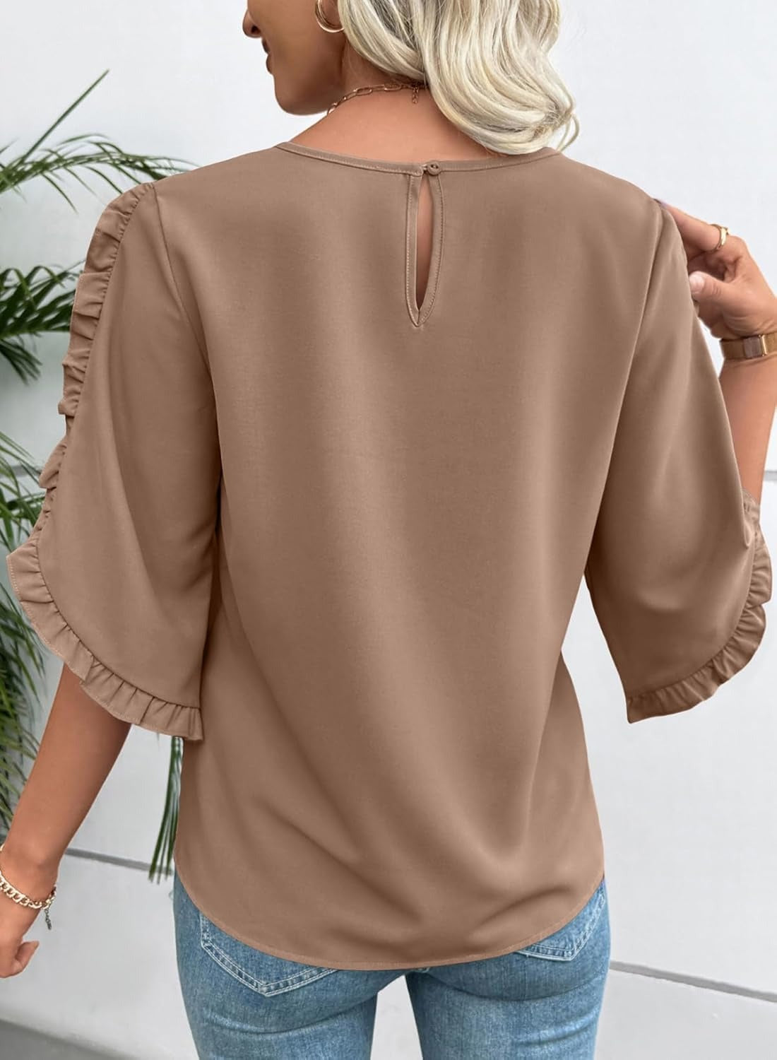 Limited time sale🔥Women's 3/4 Length Sleeve Blouses Crewneck Ruffle Sleeve Shirts