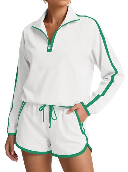 Women's Half-Zip Long Sleeve Top & Shorts Casual Two-Piece Set