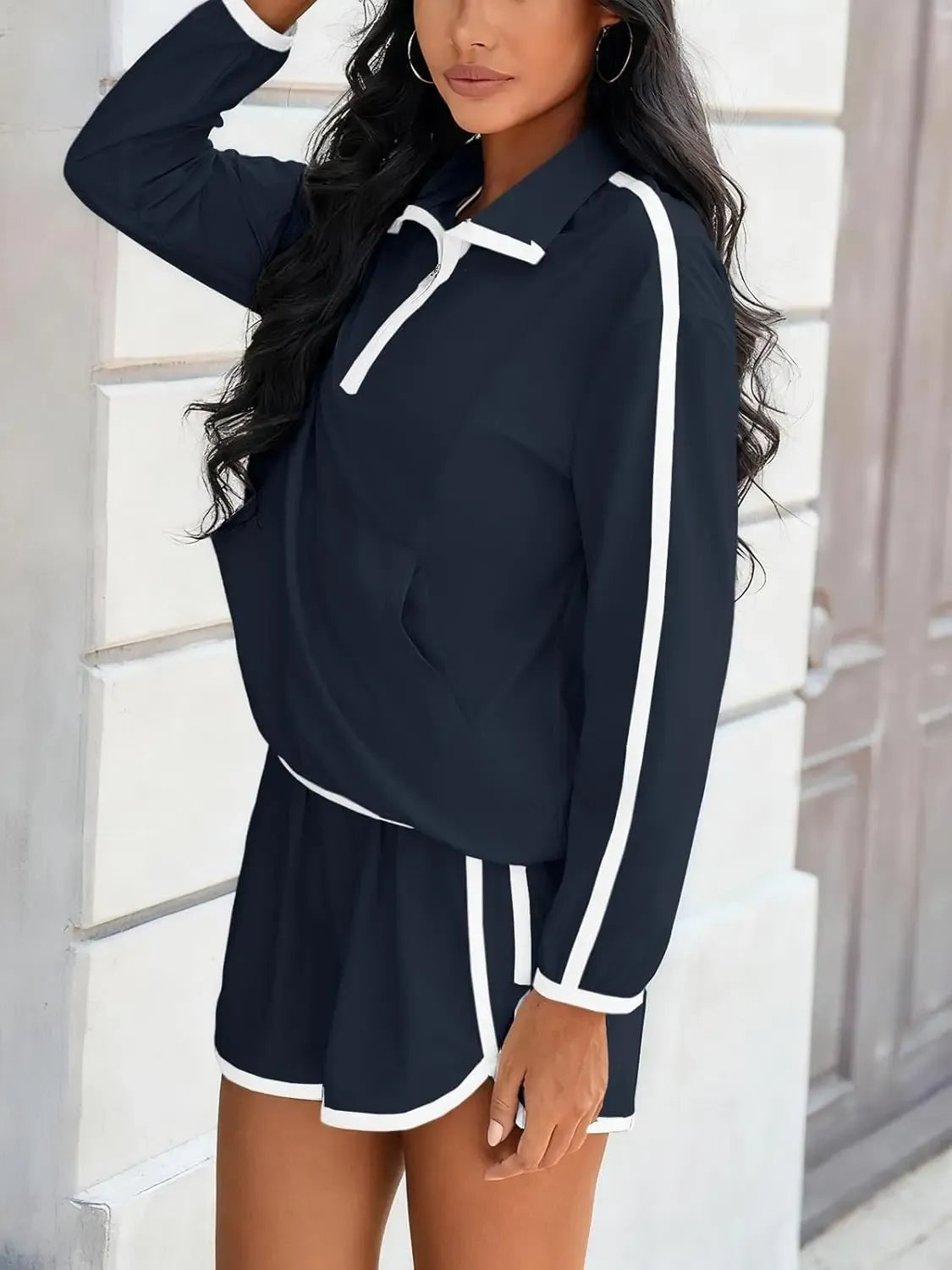 Women's Half-Zip Long Sleeve Top & Shorts Casual Two-Piece Set