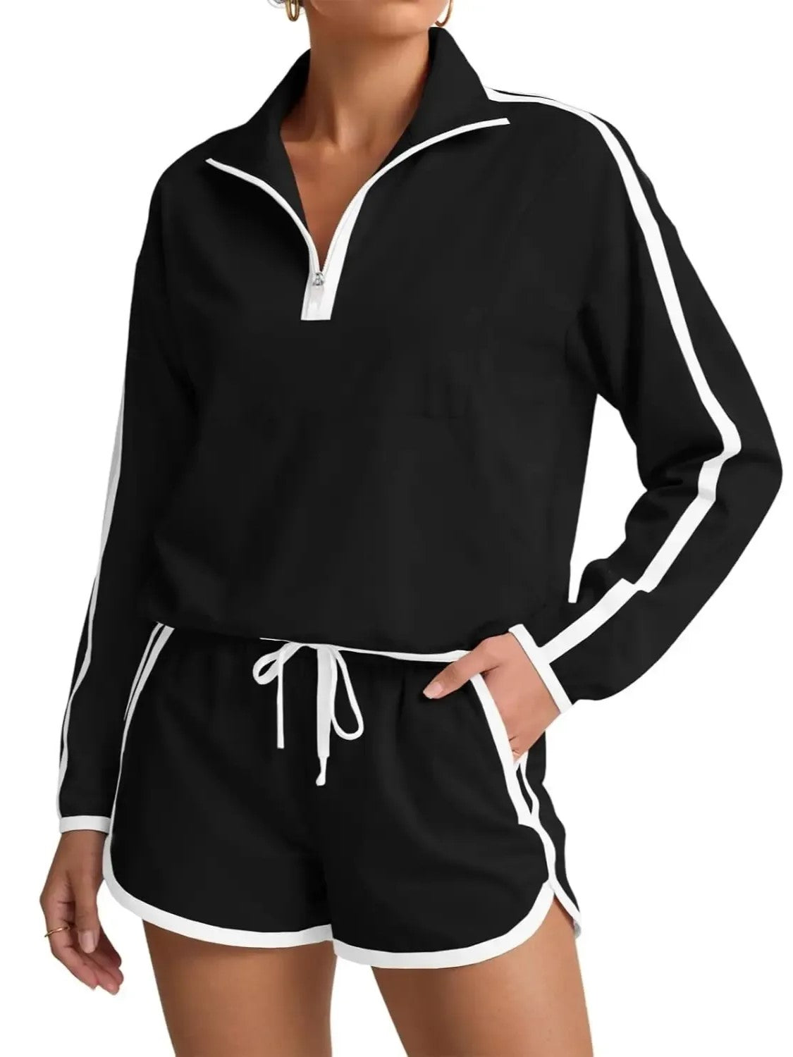 Women's Half-Zip Long Sleeve Top & Shorts Casual Two-Piece Set