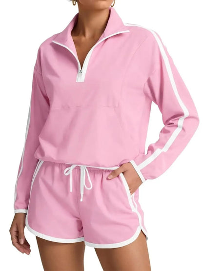 Women's Half-Zip Long Sleeve Top & Shorts Casual Two-Piece Set