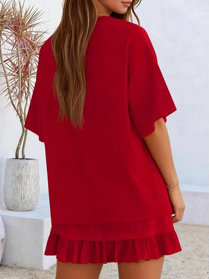 Women Solid 2 Piece Short Sleeve Top & Mini Skirt Set