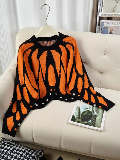 Women's Butterfly Print Knit Pullover Long Sleeve Sweater