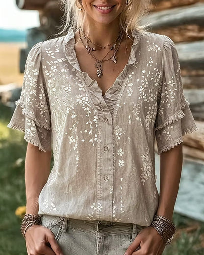 Ruffle V-Neck Floral Fringe Sleeve Vintage Loose Blouse