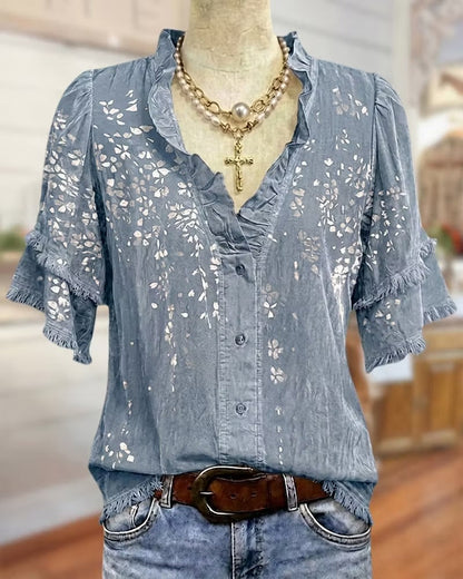 Ruffle V-Neck Floral Fringe Sleeve Vintage Loose Blouse