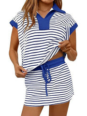 Women's Striped V-neck 2 Piece Skirt Set