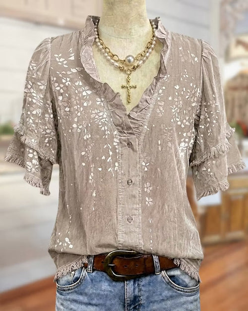 Ruffle Trim V Neck Tiered Sleeve Floral Button Front Blouse