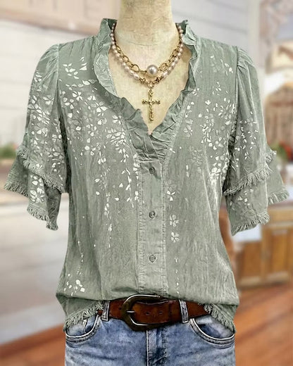 Ruffle V-Neck Floral Fringe Sleeve Vintage Loose Blouse