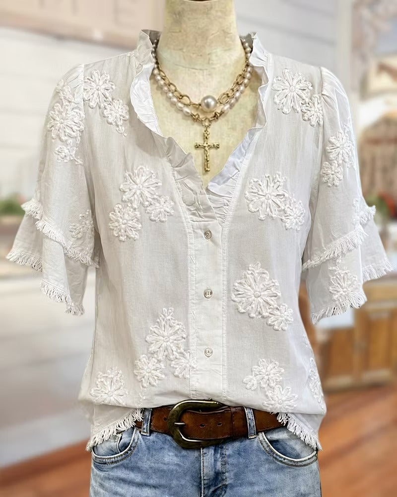 Ruffle V-Neck Floral Fringe Sleeve Vintage Loose Blouse