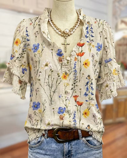 Ruffle V-Neck Floral Fringe Sleeve Vintage Loose Blouse