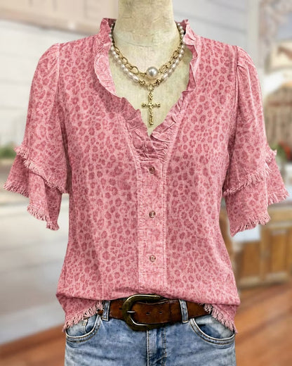 Ruffle V-Neck Floral Fringe Sleeve Vintage Loose Blouse