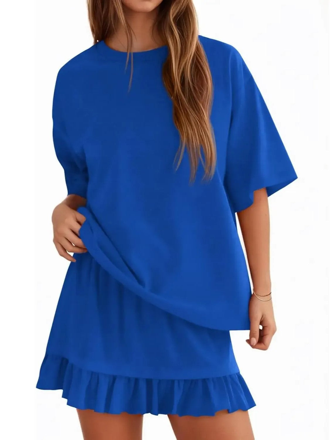 Women Solid 2 Piece Short Sleeve Top & Mini Skirt Set