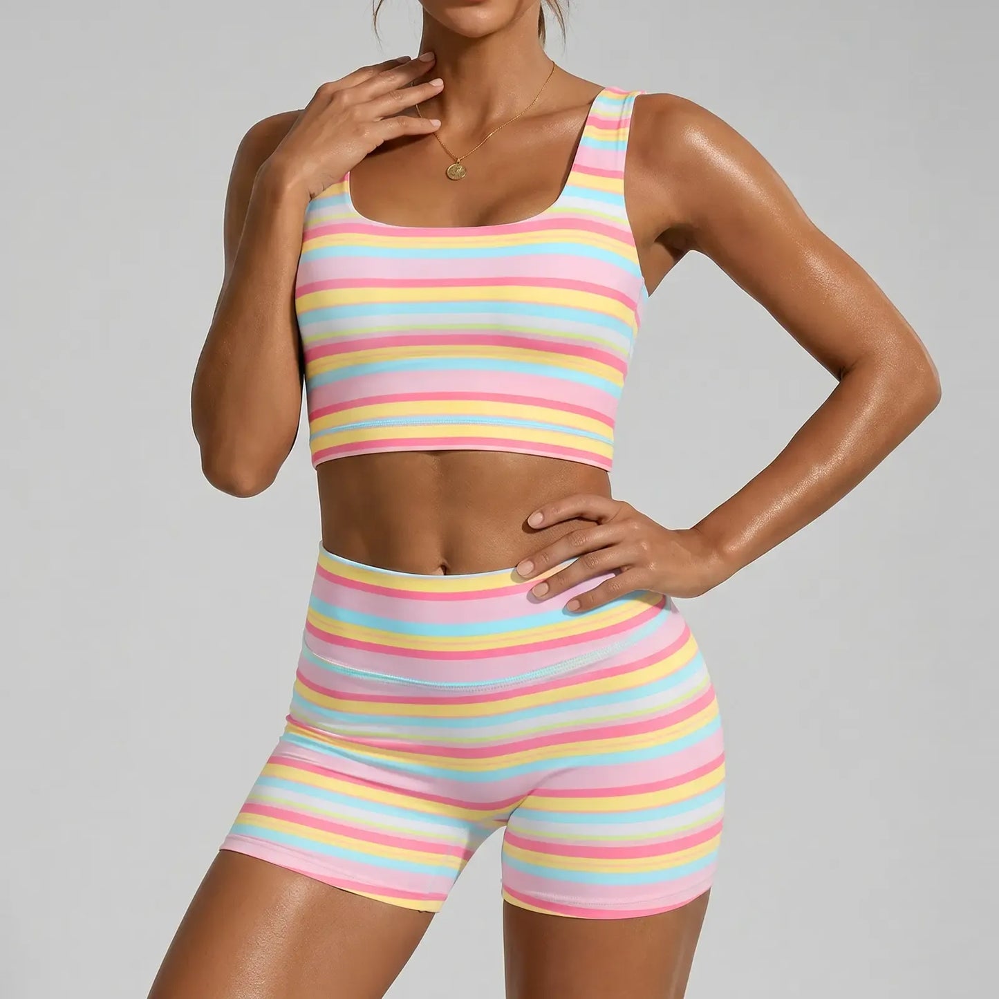 Women’s Rainbow Stripe 2 Piece Workout Set Tank Top High Shorts Matching
