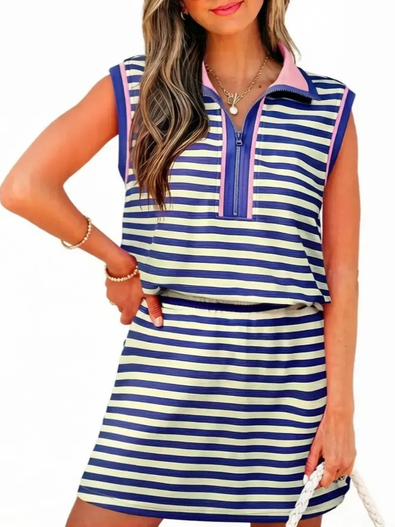 Women's Stripe Print Contrast Trim Zip Collar Sleeveless 2pcs Skort Set