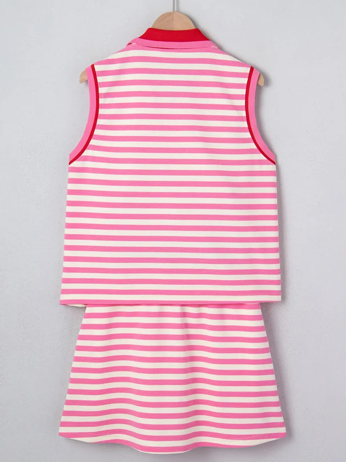 Women's Stripe Print Contrast Trim Zip Collar Sleeveless 2pcs Skort Set