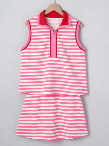Women's Stripe Print Contrast Trim Zip Collar Sleeveless 2pcs Skort Set