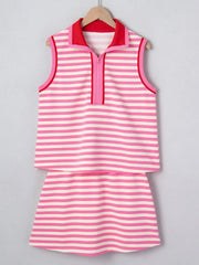 Women's Stripe Print Contrast Trim Zip Collar Sleeveless 2pcs Skort Set
