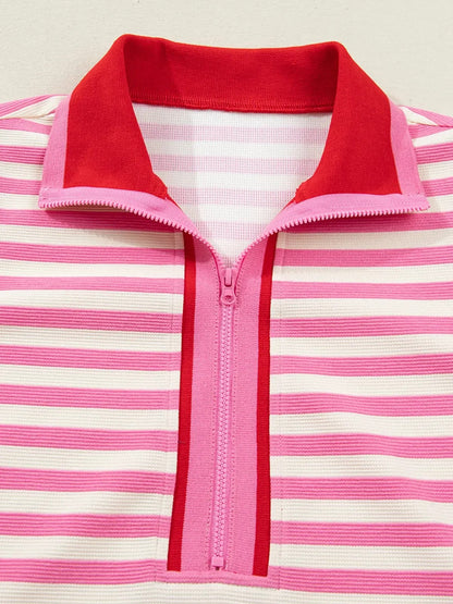 Women's Stripe Print Contrast Trim Zip Collar Sleeveless 2pcs Skort Set