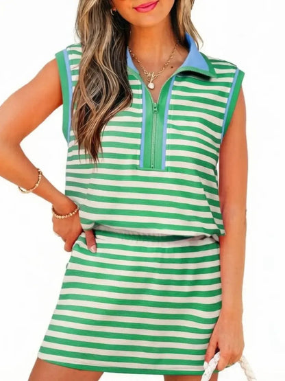 Women's Stripe Print Contrast Trim Zip Collar Sleeveless 2pcs Skort Set