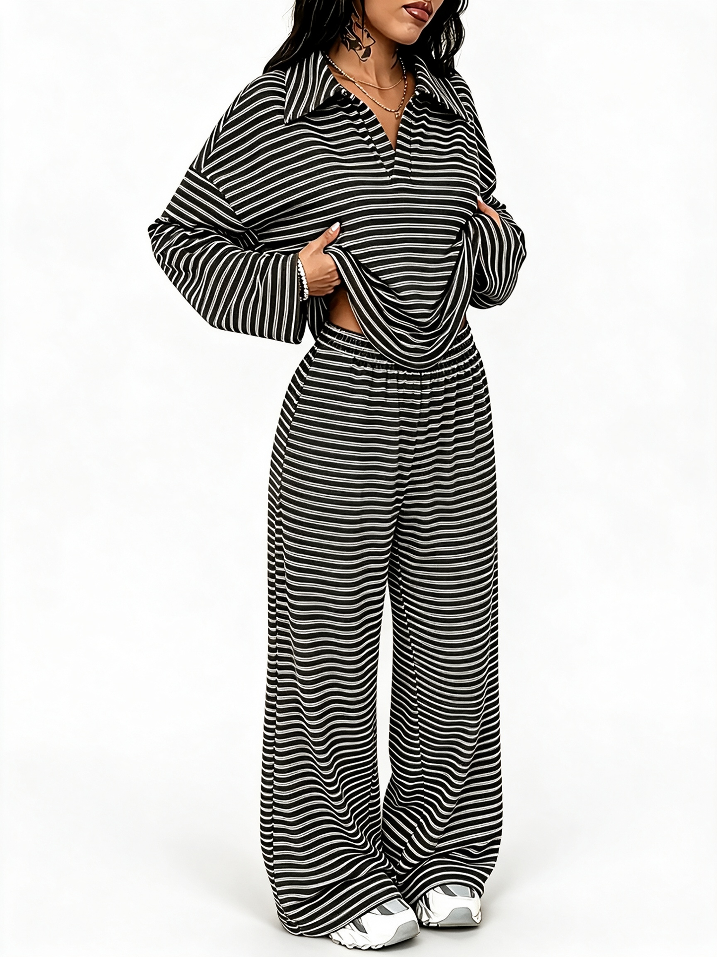 Women Striped V‑Neck Two‑Piece Casual Set