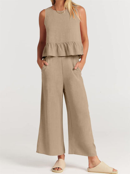 Limited time sale🔥Women 2 Piece Outfits Tank Crop Top Wide Leg Pants Lounge Matching Sets