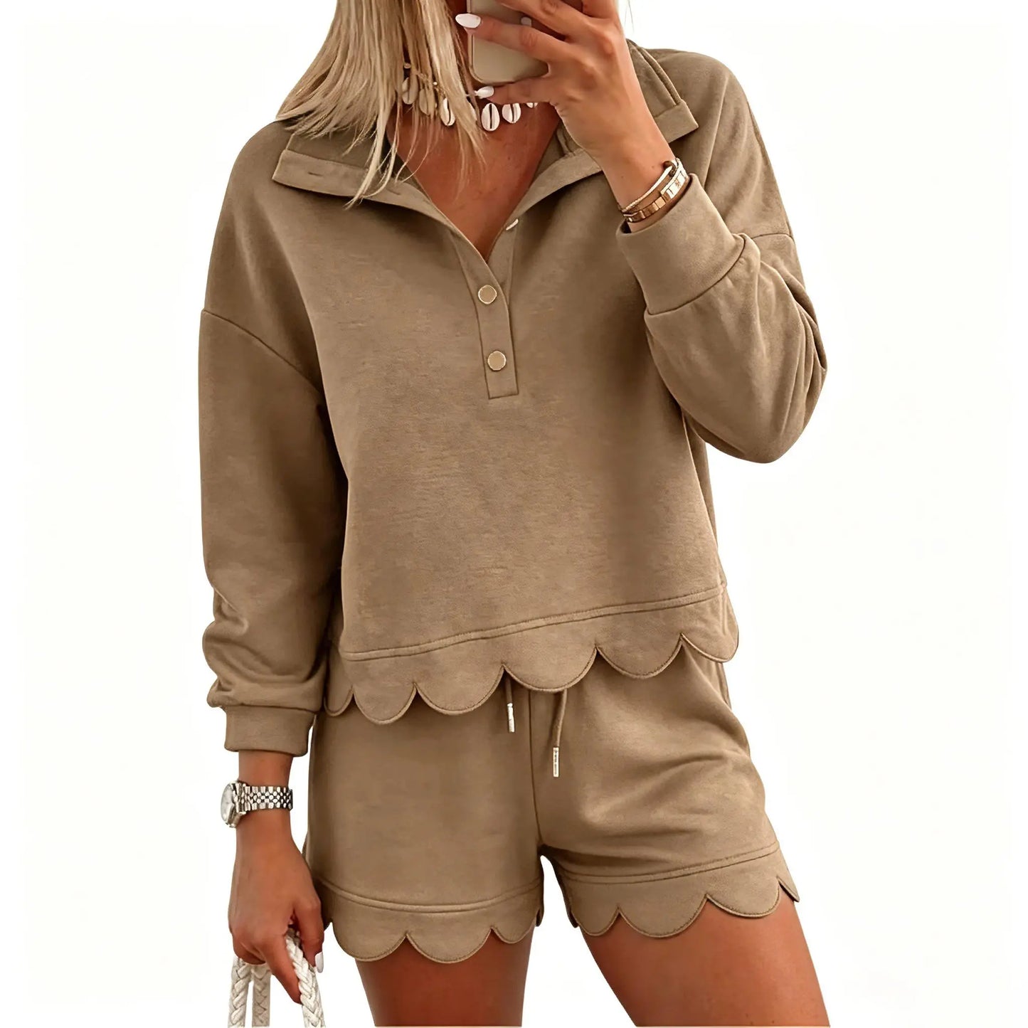 ⏰Hot Sale-Women Scalloped Hem Half Button Polo Two Piece Set