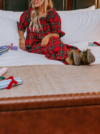 Women's Plaid Ruffle Puff Sleeve Pajamas Set