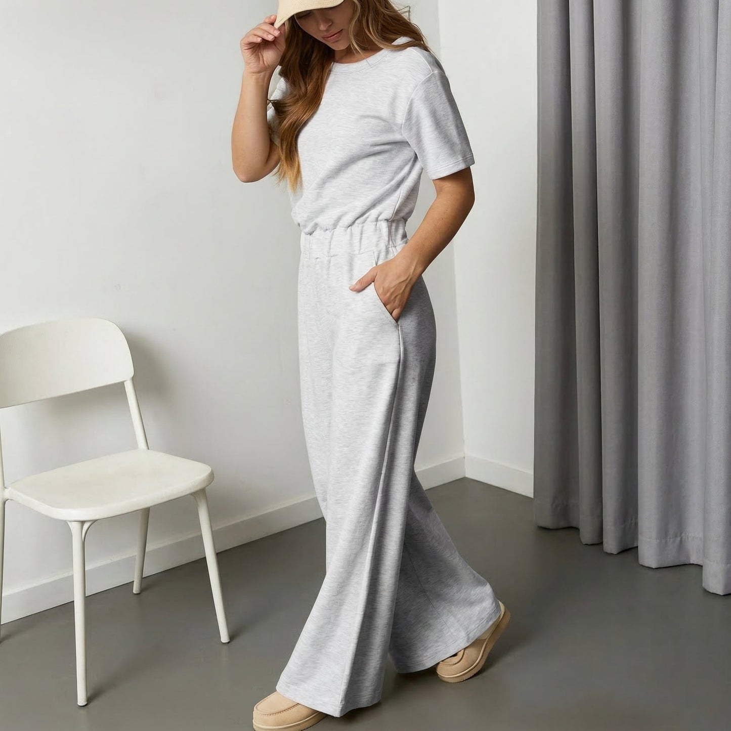 ⏰Hot Sale-Women's Short Sleeve Back Cutout Casual Wide Leg Loose Fit One-Piece Jumpsuit