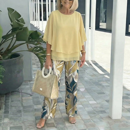 Women's Solid Chiffon Top & Printed Pants Set