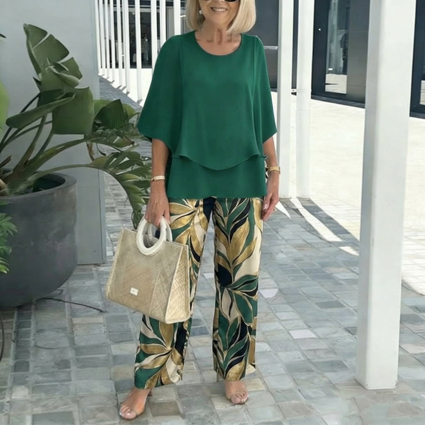Women's Solid Chiffon Top & Printed Pants Set