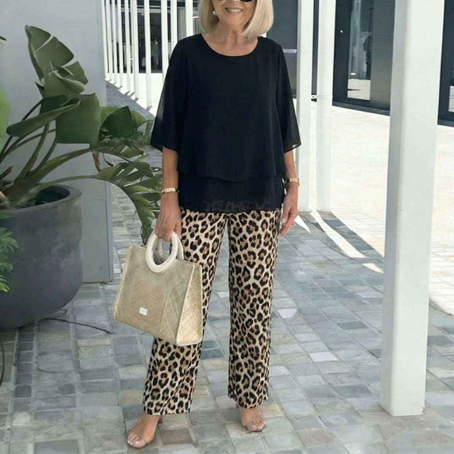 Women's Solid Chiffon Top & Printed Pants Set