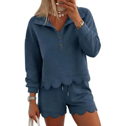 ⏰Hot Sale-Women Scalloped Hem Half Button Polo Two Piece Set