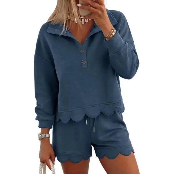 Limited time sale🔥Women Scalloped Hem Half Button Polo Two Piece Set