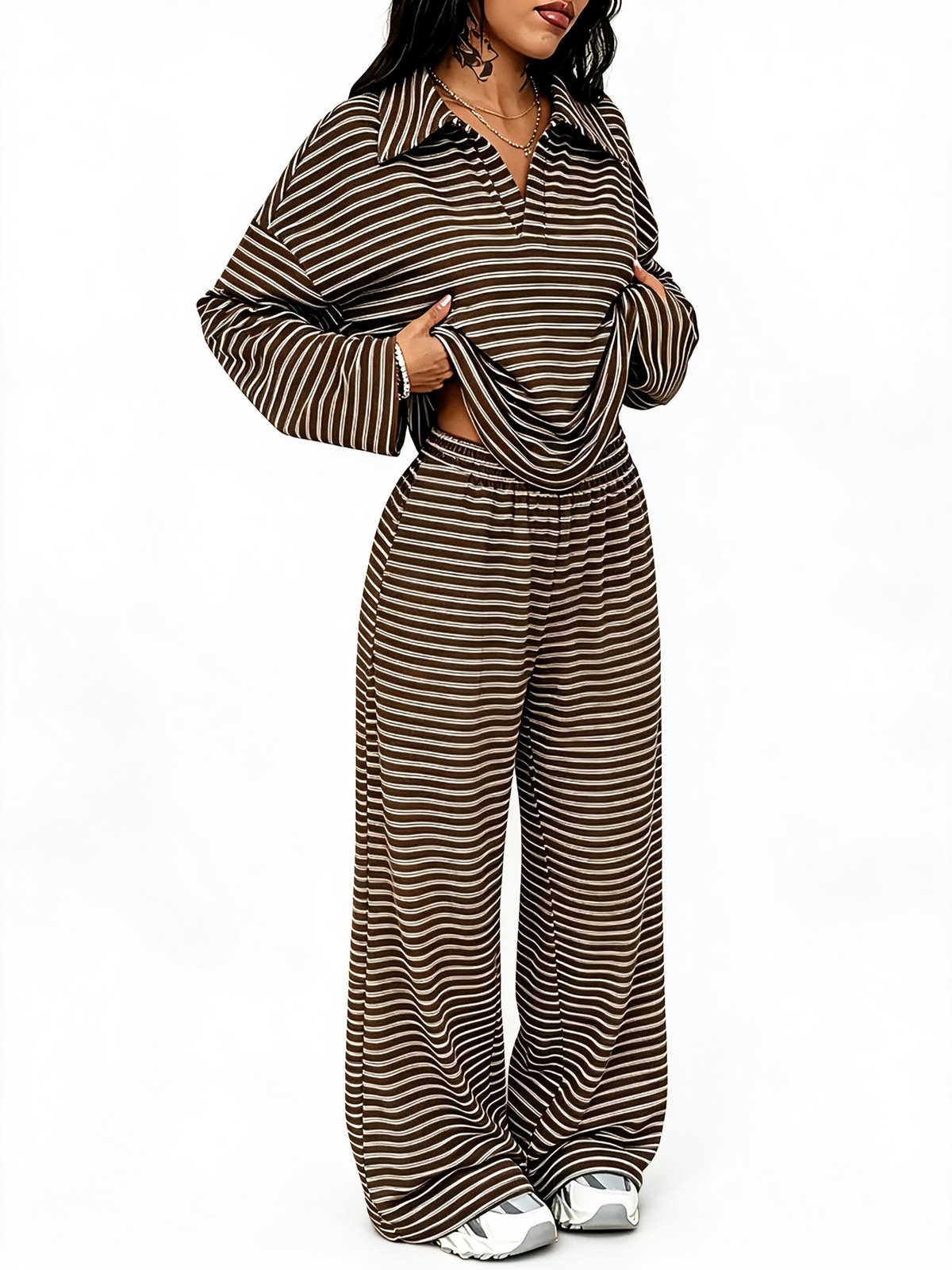 Women Striped V‑Neck Two‑Piece Casual Set