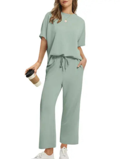 Loose Short Sleeve Top & High Waist Wide Leg Pants 2-Piece Summer Matching Set