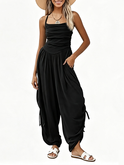 Women Halter Square Neck Sleeveless Ruched Barrel Wide Leg Side Cinch Jumpsuit