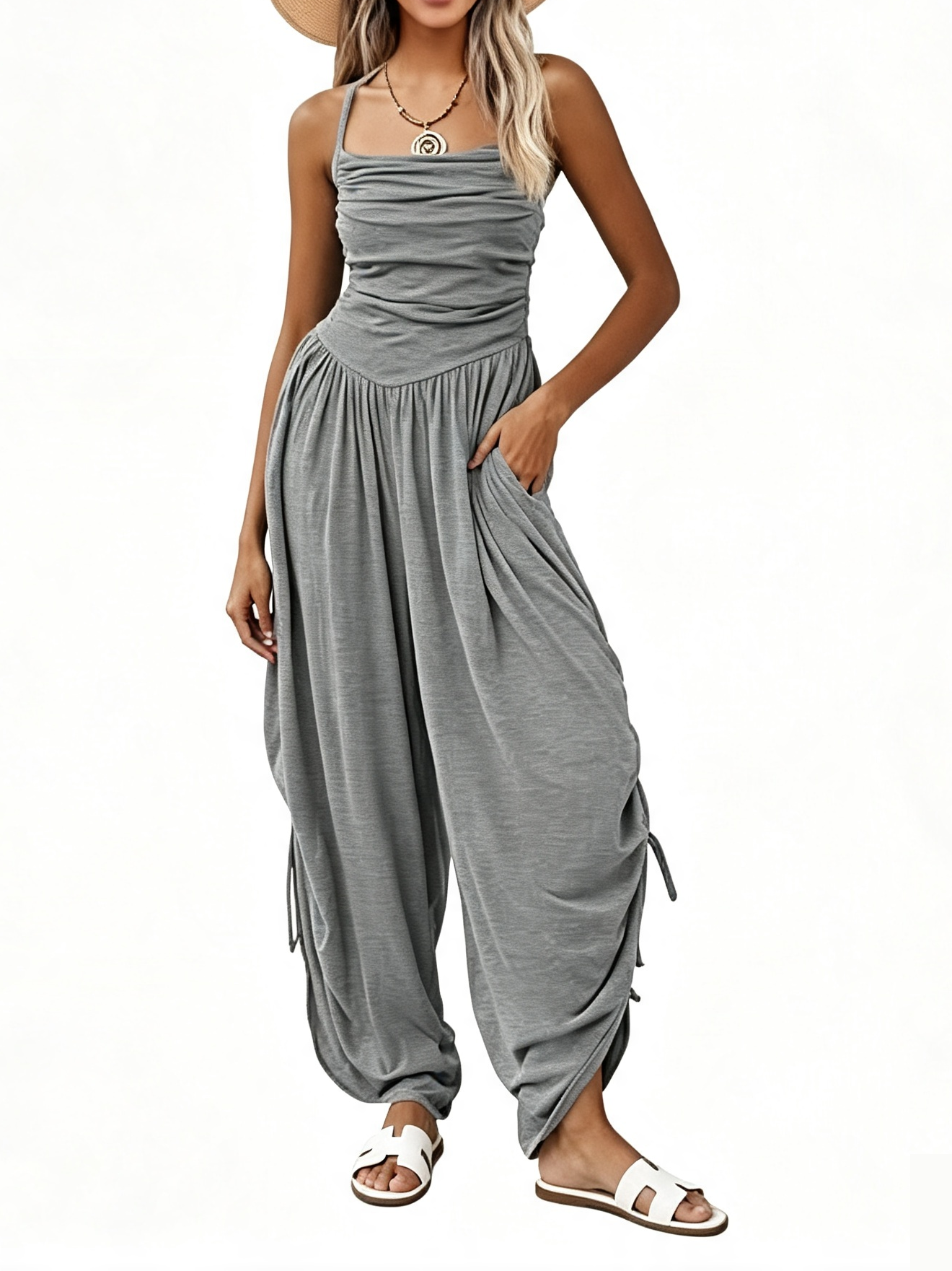 Women Halter Square Neck Sleeveless Ruched Barrel Wide Leg Side Cinch Jumpsuit