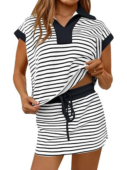 Women's Striped V-neck 2 Piece Skirt Set