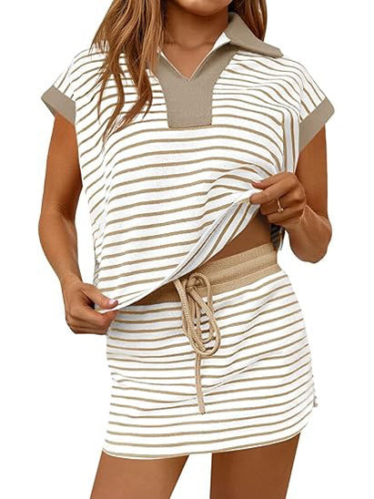 Women's Striped V-neck 2 Piece Skirt Set